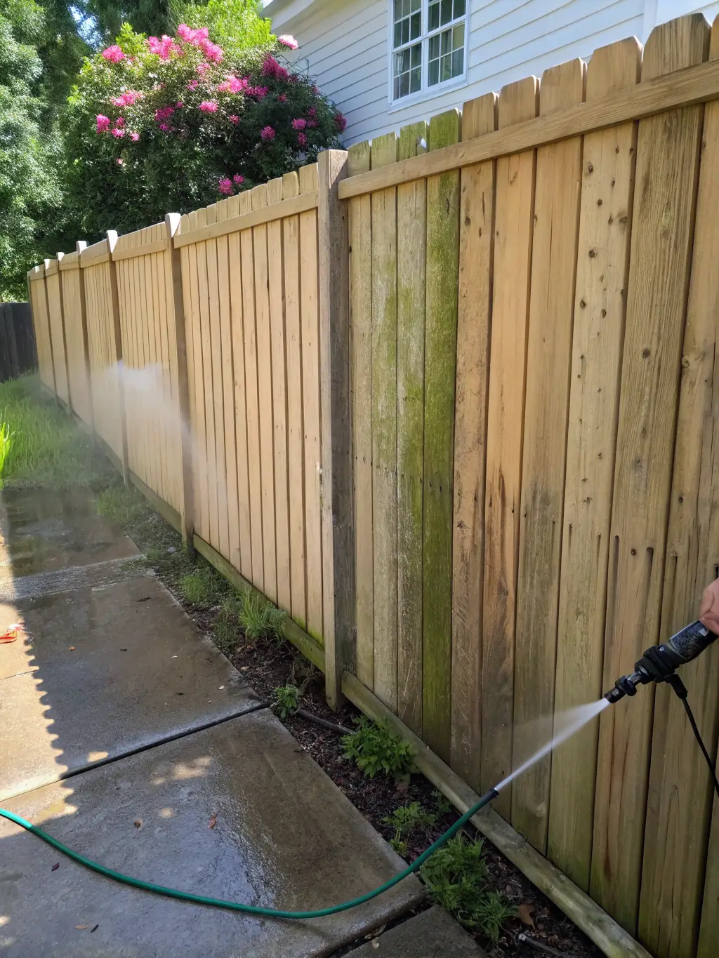 An image of a wooden fence being pressure washed, showing before and after results with vibrant wood tones, used to showcase Alive Washing LLC's fence and deck cleaning service.