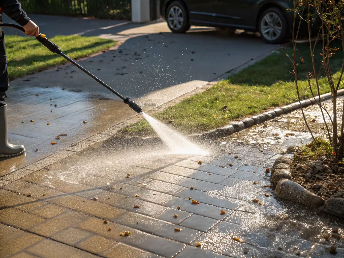 A residential driveway being pressure washed, showing the clear difference between the clean and dirty areas. The setting is a sunny suburban neighborhood.
