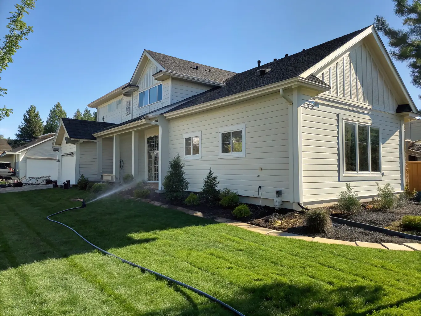 A residential house being pressure washed, focusing on the siding and roof. The house is surrounded by well-maintained landscaping.
